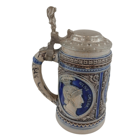 Antique German Beer Stein Mug w/ Lid Magnus & Alexander Relief - W. Germany Made